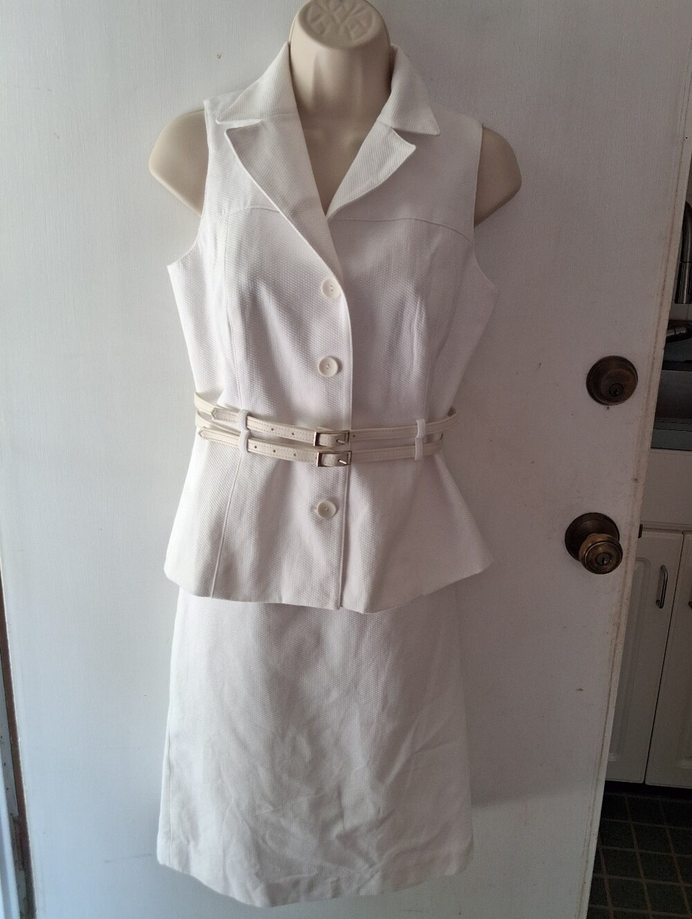 White Sleeveless Belted Pencil Skirt Set by SHANI